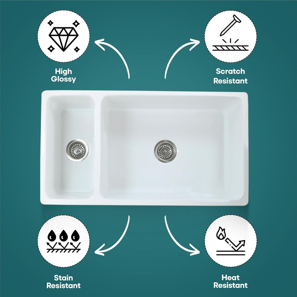 White Farmhouse Sink, 36" Farm Kitchen Sink, Fireclay | Apron Front, 90/10 Double Bowl, Reversible, Undermount, Made