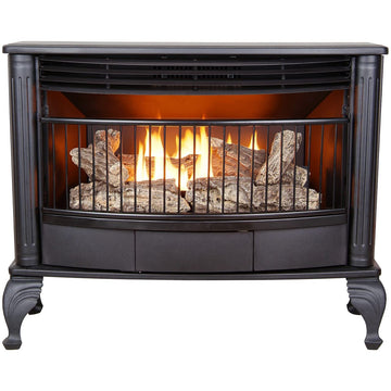 Ventless 25, 000 BTU Space Saving Free Standing Dual Fuel Fireplace with Built In Thermostat Control Heats up to 1, 100