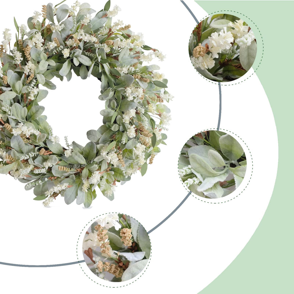 24 Inch Summer Spring Ivory Flowers Wreath for Front Door, Everyday Lamb Ears Leaves Wreath with White Artificial