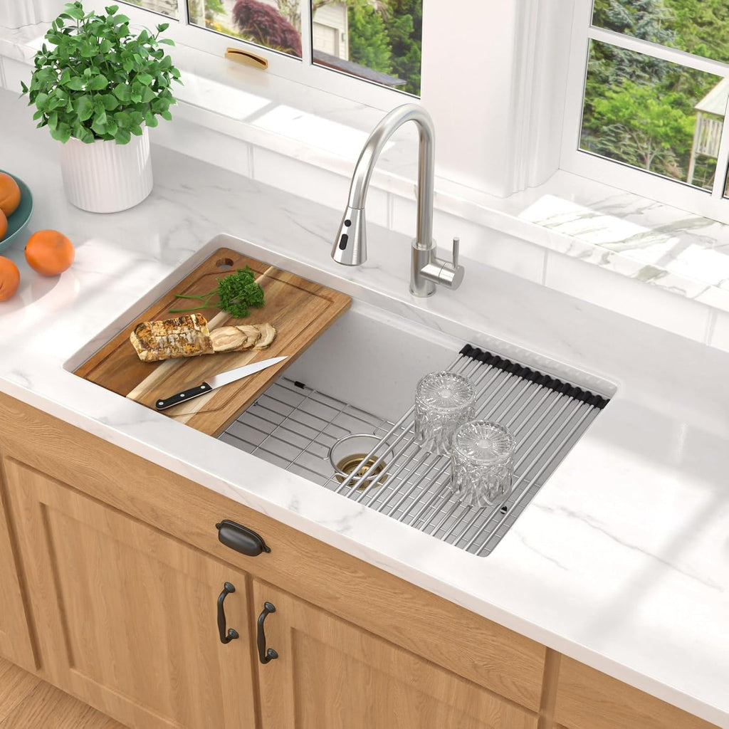 28 Inch Granite Composite Kitchen Sink - White Undermount Workstation All-In One Quartz Classic Single Bowl Sink