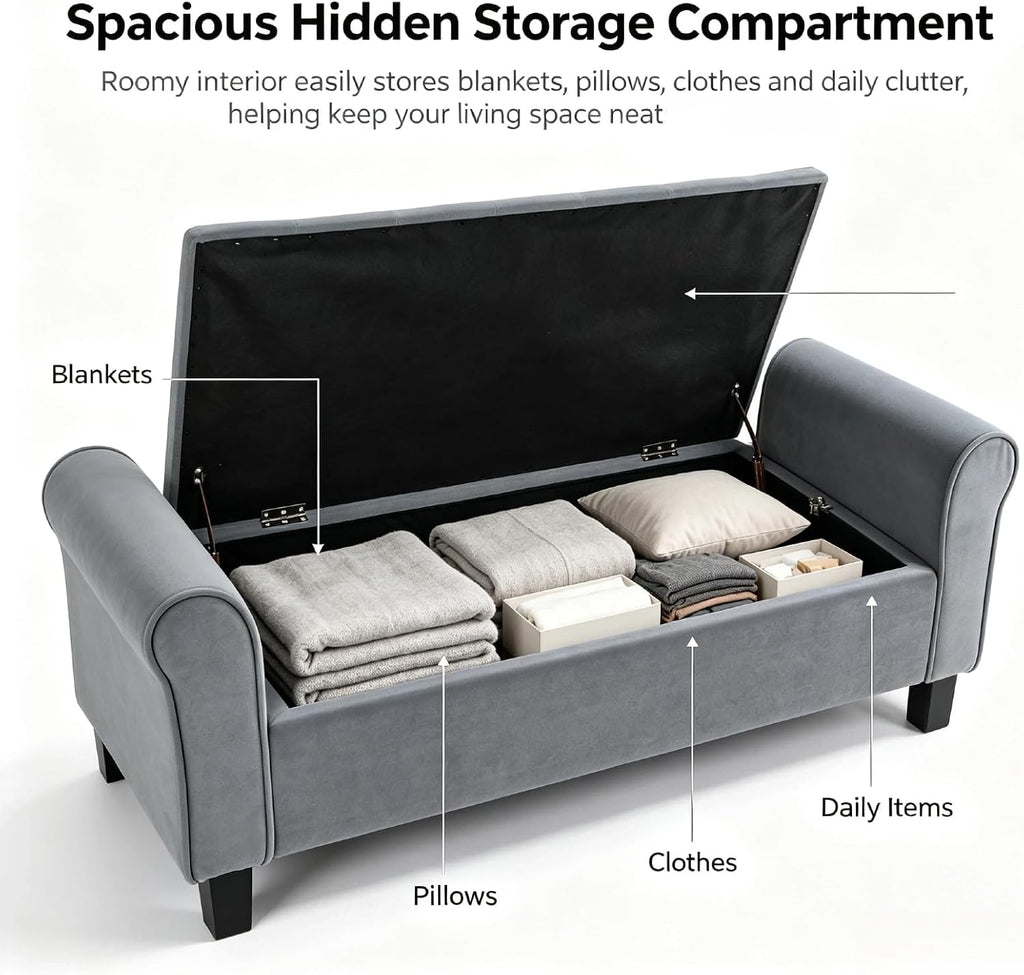 51 Inch Grey Velvet Storage Ottoman Bench with Rolled Armrests | Tufted Ottoman Bench with Storage,500 Lbs