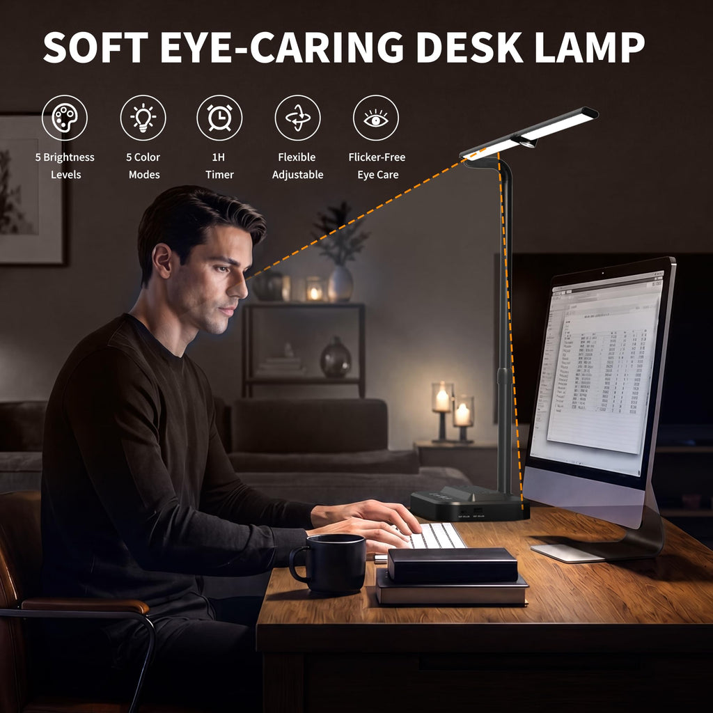 LED Desk Lamp, Ultra Wide Computer Light, Dimmable Desk Light with USB Fast Charger, Adjustable Foldable Eye Caring