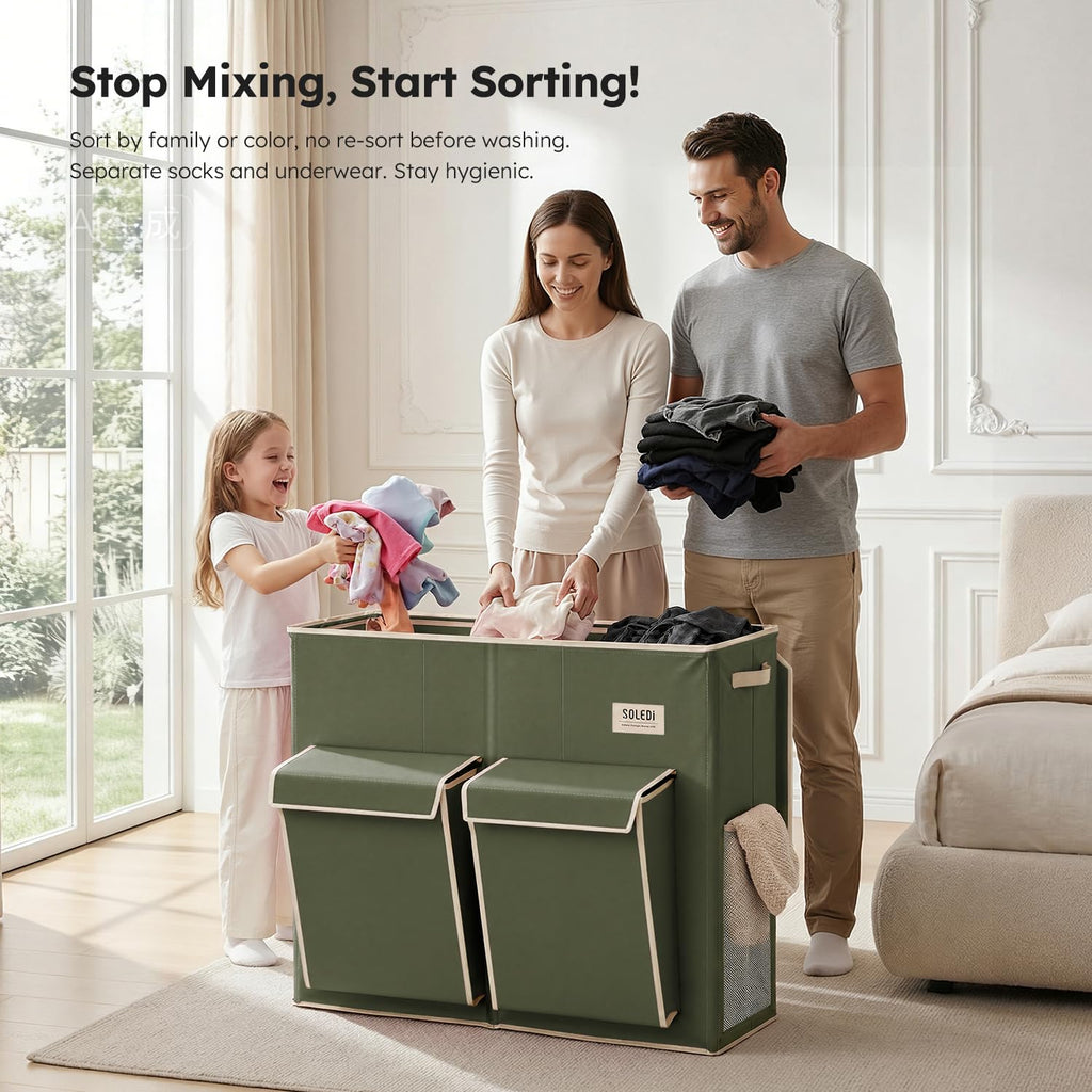 220L Laundry Hamper 3 Section with Lid and 2 Side Pockets
