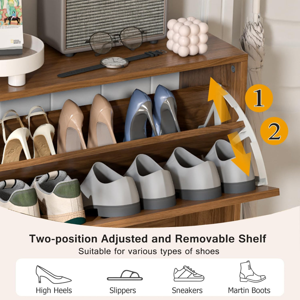 Shoe Storage Cabinet with 2 Flip Drawers, Narrow Wood Shoe Cabinet with Fluted Panel, Freestanding Hidden Shoe