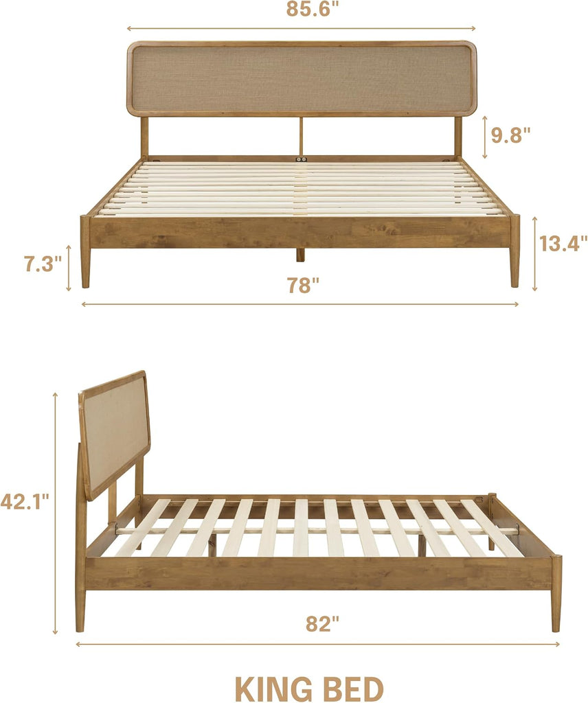 Lupin Wooden Bed Frame with Headboard, Solid Oak and Rubber Wood Foundation with Silent Slats and Wood Central - Set of 6