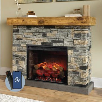 Dixson Fireplace Mantel Package, 28" Fireplace Insert, Stone Brick Mantel Surround, Alexa/WiFi Enabled, 1500W