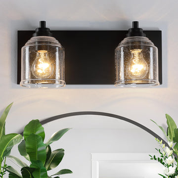 16" 2-Light Farmhouse Bathroom Vanity Light with Bubble Glass, Black