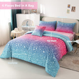 Queen Girls Bedding Set 6 Piece Blue Pink Comforter Set Kids Bed in A Bag Colorful Rainbow Glitter Bed Set Decoration