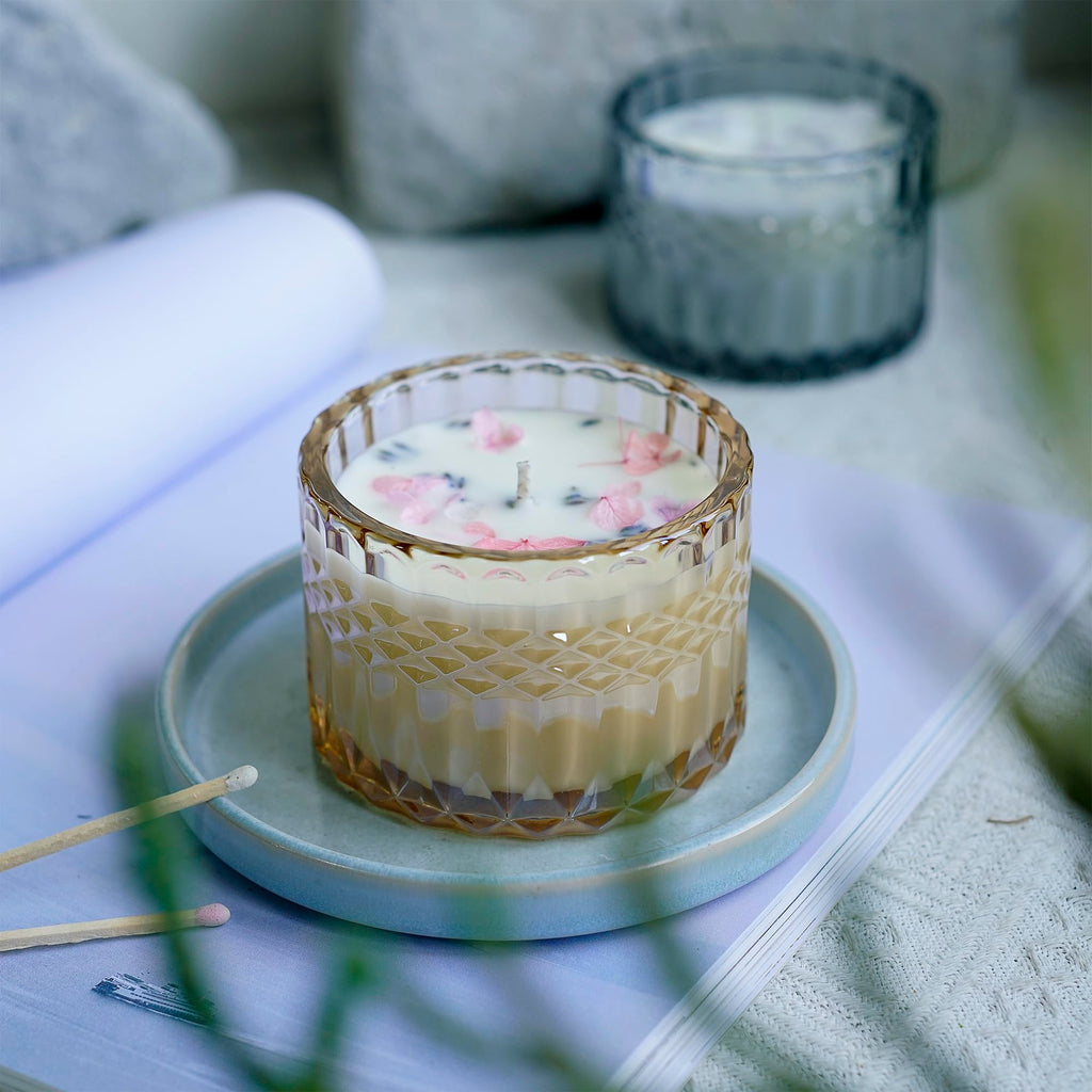 Handmade Lavender Vanilla Scented Candle with Amethyst Crystals