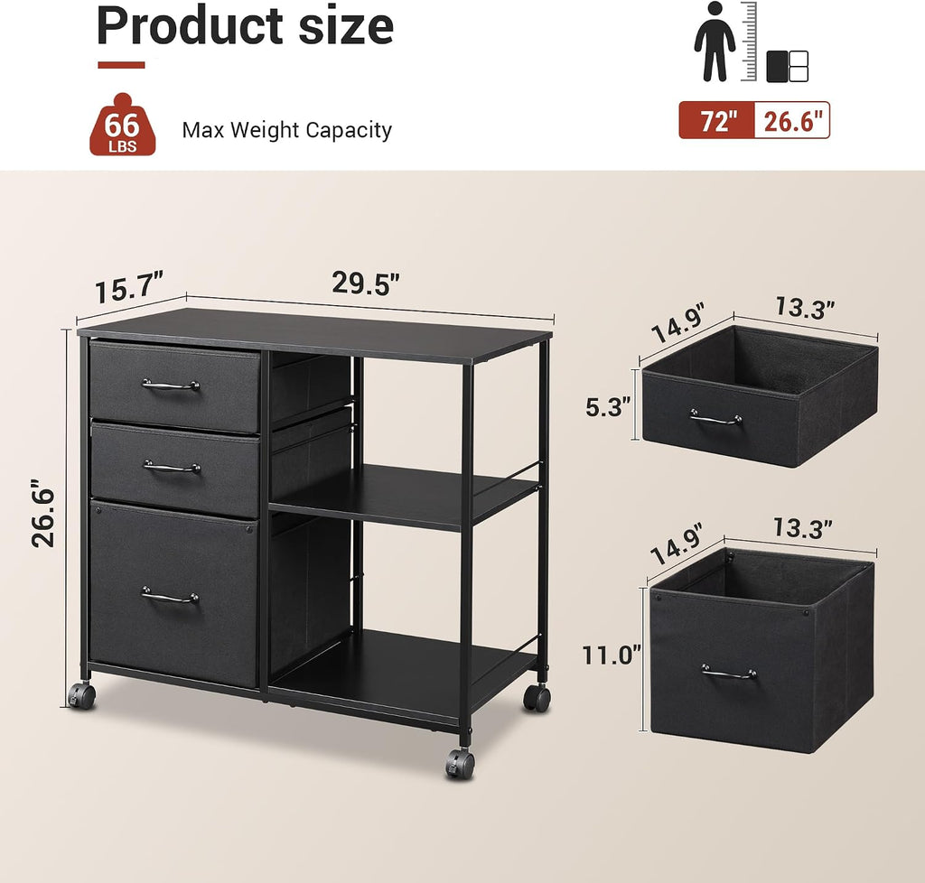 3 Drawer Mobile File Cabinet with Open Storage Shelf | Rolling Printer Stand, Fabric Lateral Filing Cabinet fits A4