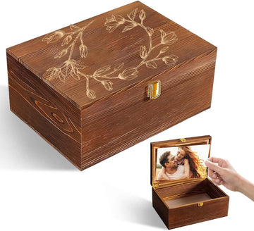 Large Keepsake Box Wooden Memory Box with Hinged Lid, Magnolia Flower Decorative Storage Box for Photos, Jewelry