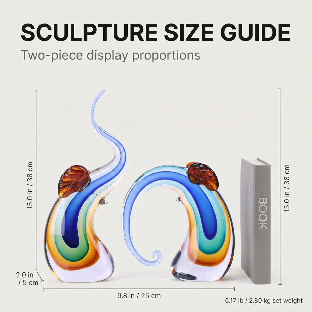 Hand Blown Elephant Statues Set - Luxury Sculptures Home Decor Art Glass Ornament Animal Collectible (Blue)
