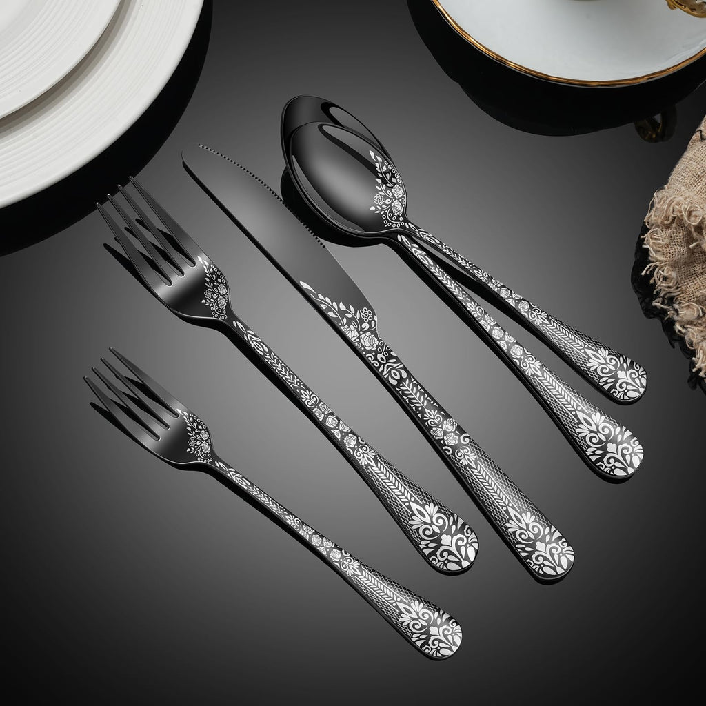 40 Piece Black Silverware Set, Stainless Steel Flatware Cutlery Set Service for 8, Mirror Polished Tableware Eating
