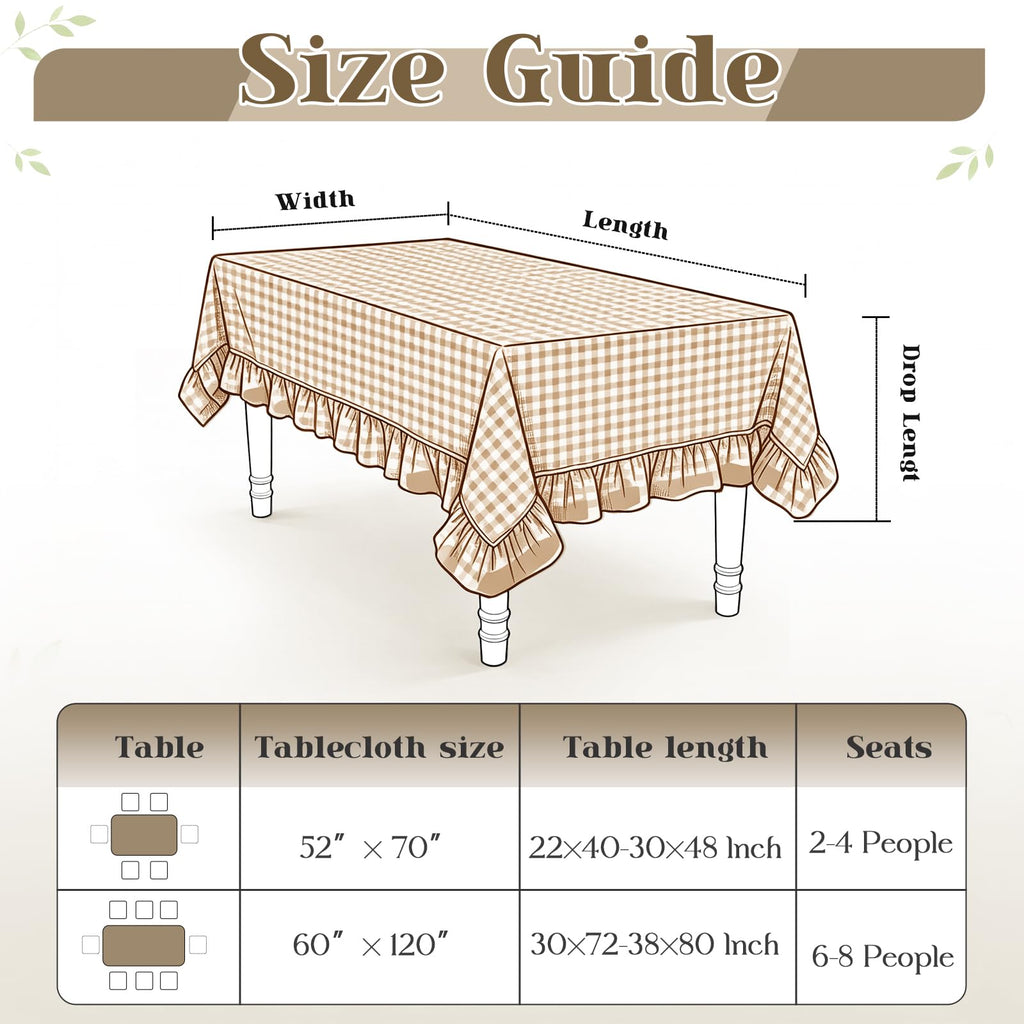 Taupe Gingham Ruffle Tablecloth 70x52 Inch, Plaid Tablecloth