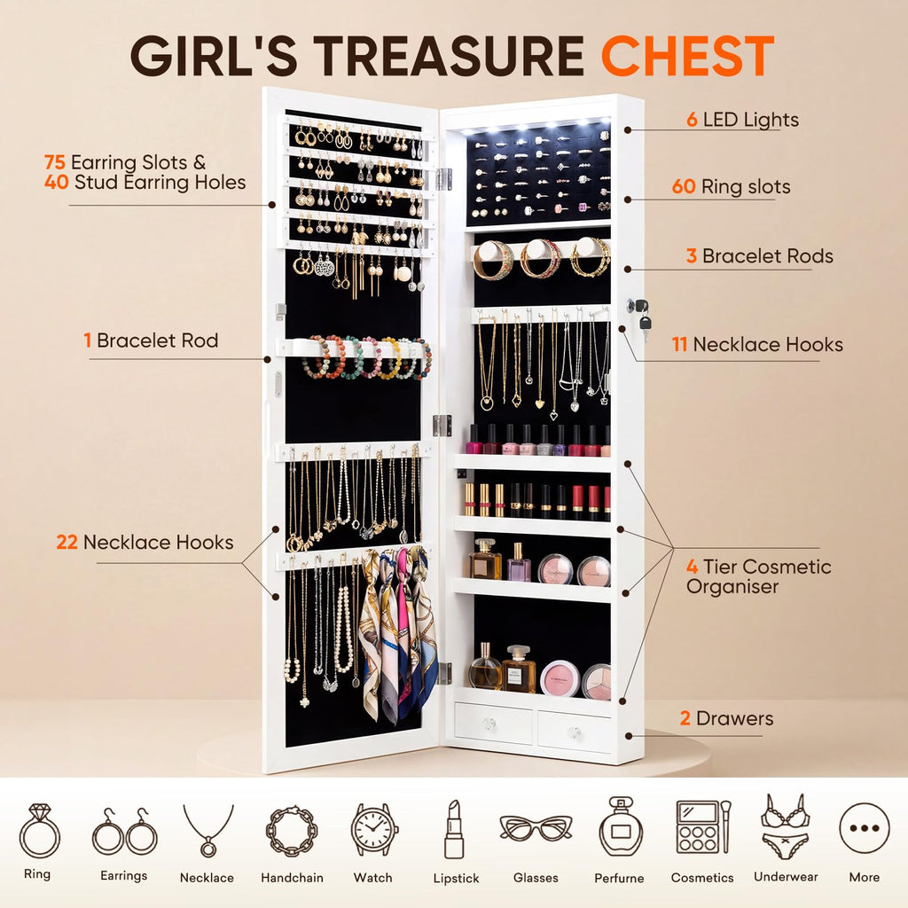 6 LEDs Jewelry Cabinet with Lock, 48" Full Length Mirror Wall Mounted or Over The Door Jewelry Organizer, Large