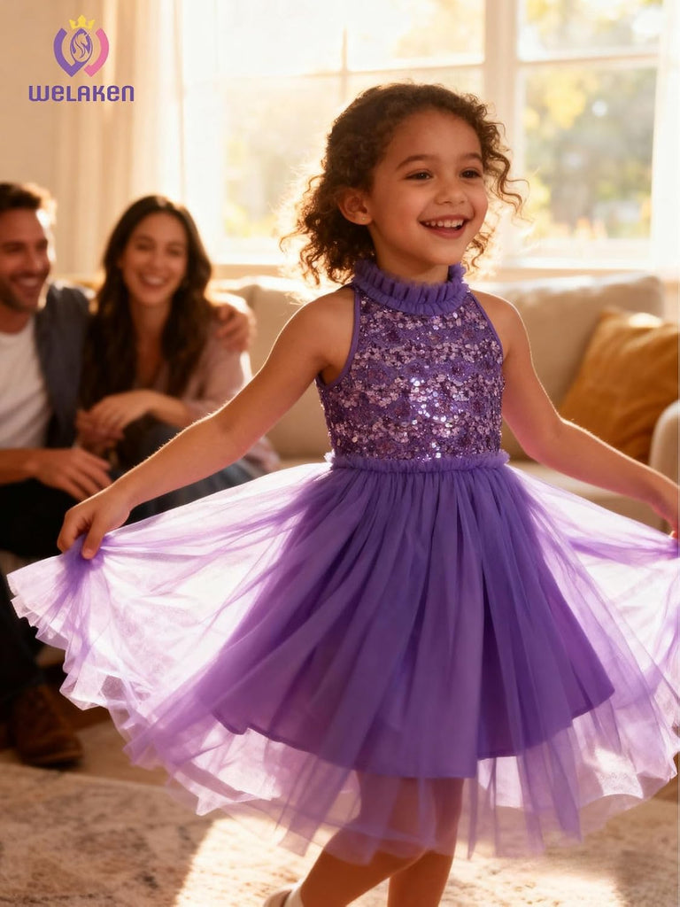 Girls Sequin Dress for Kids Sparkly Halter Neck Sleeveless Casual Party Wedding Twirl Dresses