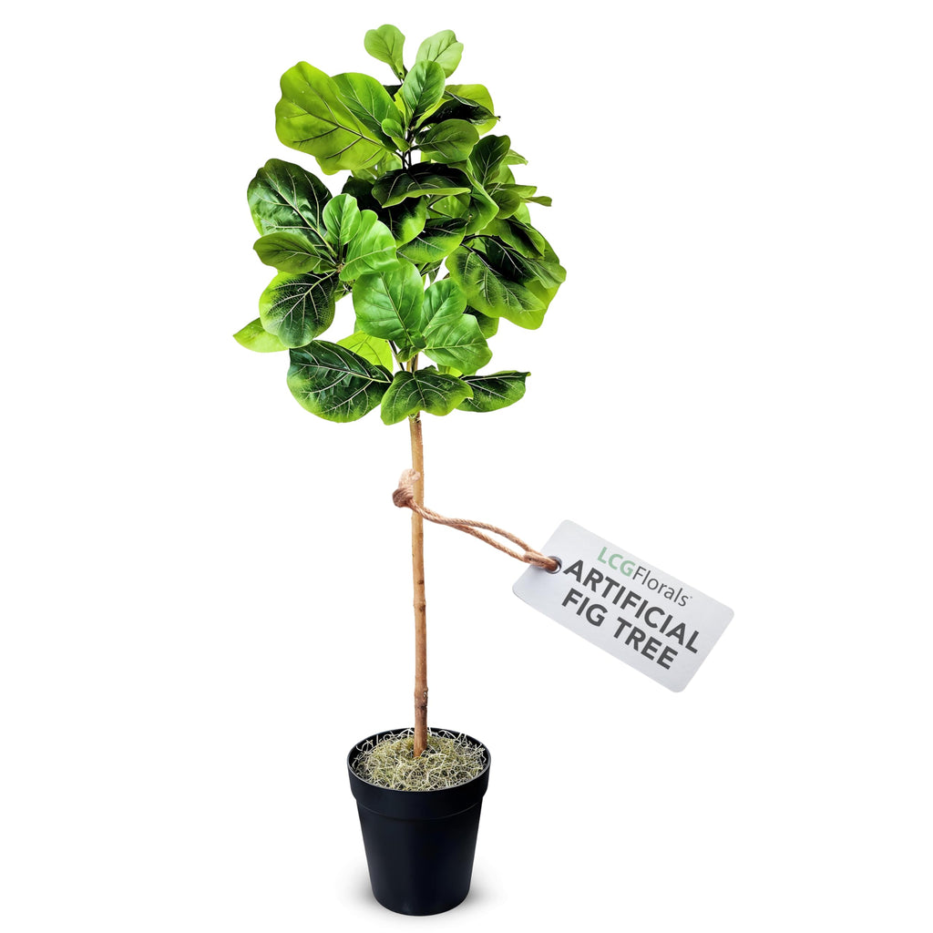 5ft Artificial Fiddle Fig Tree - Real Wood Trunk, Preassembled, No Maintenance Indoor Faux Plant in Black Pot