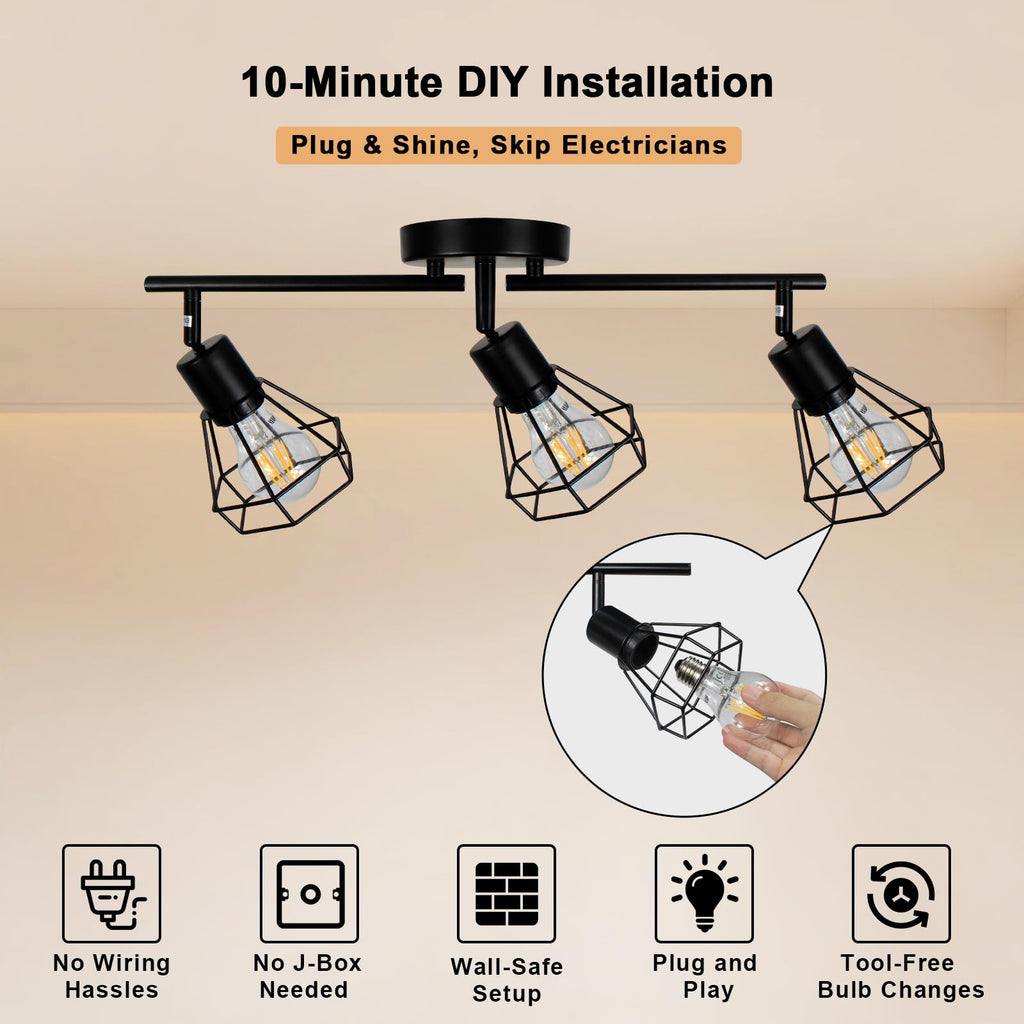 Track Lighting Plug in, 3-Light Directional Ceiling Fixture, Black
