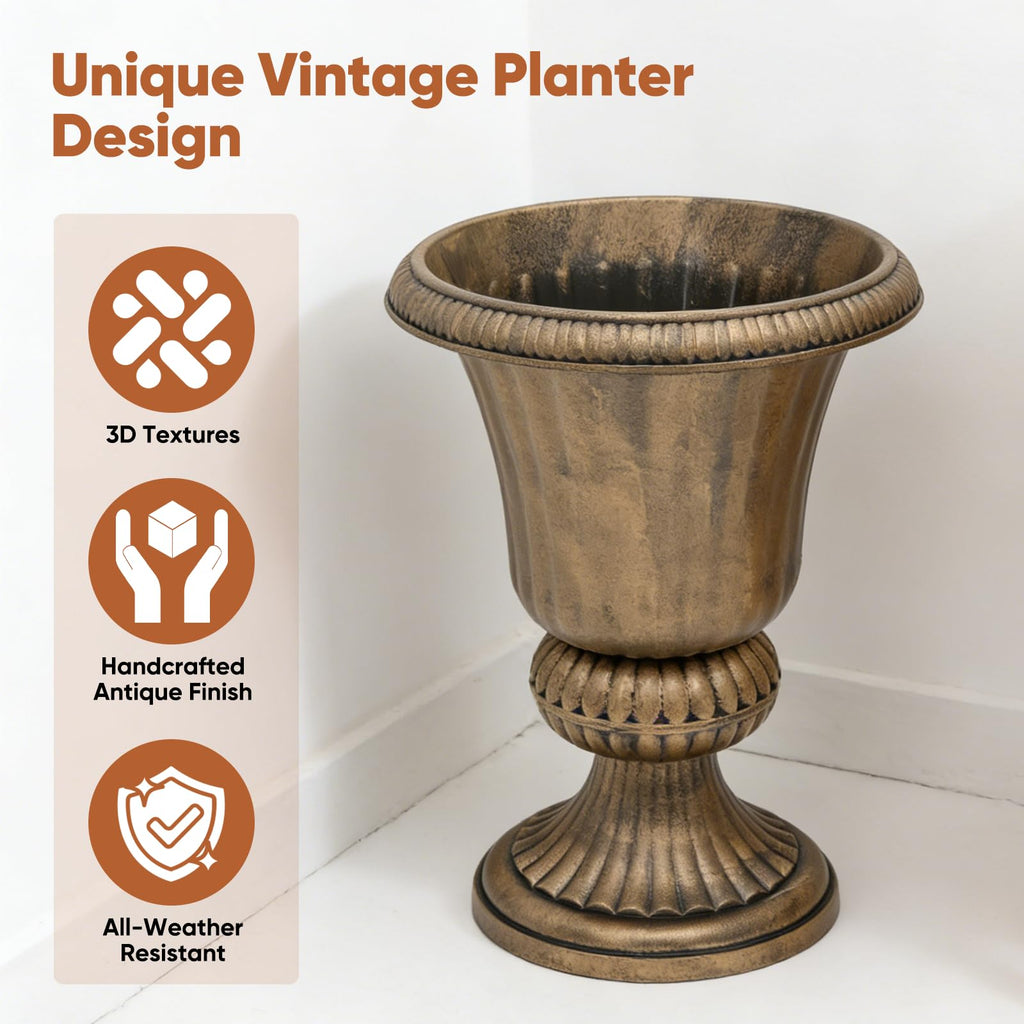 20" Tall Urn Planters for Outdoor Plants, 2 Pack, Bronze