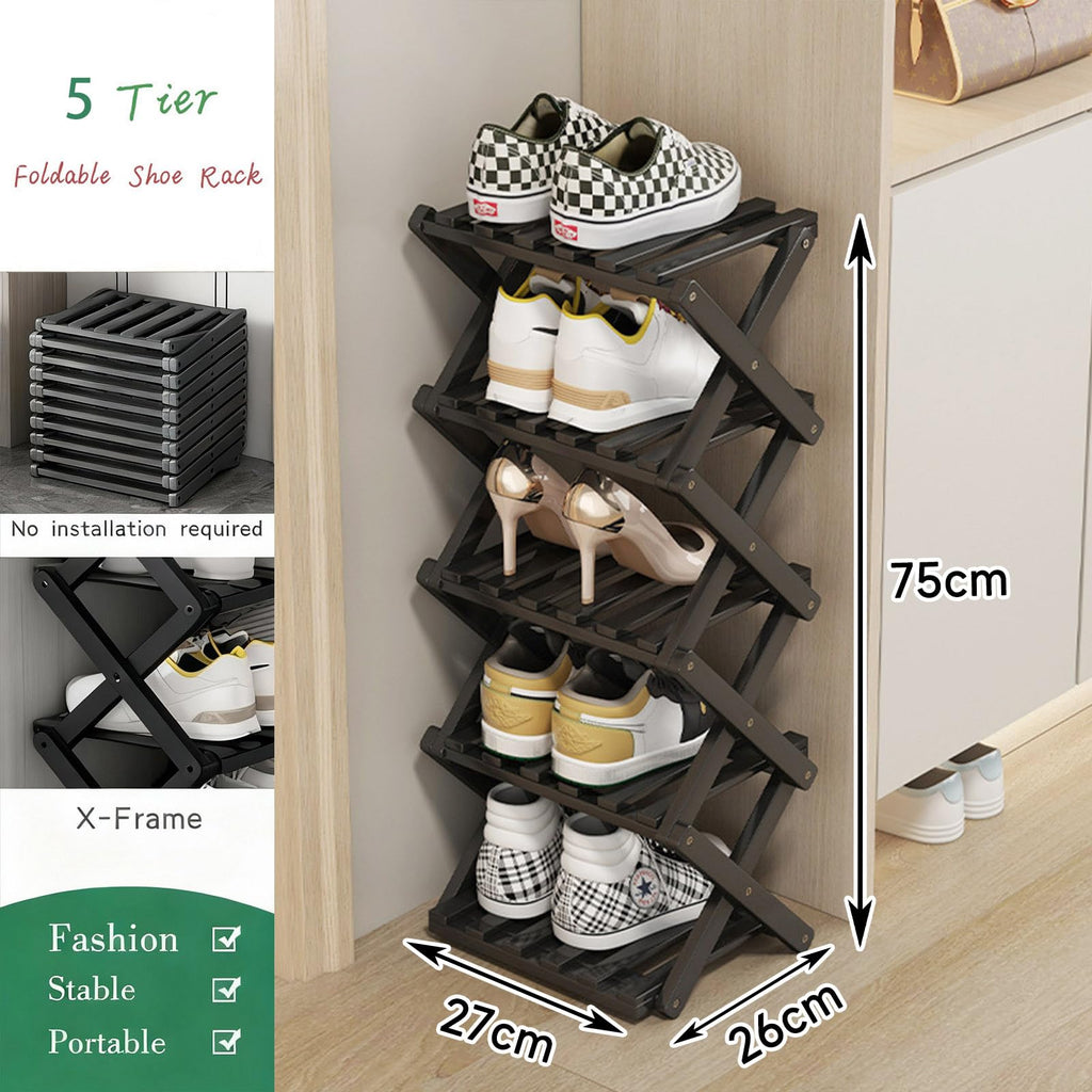 Vertical Black Shoe Rack Small, 5 Tier Portable Folding Shoe Storage Rack, Without Installation Free Standing Shoe