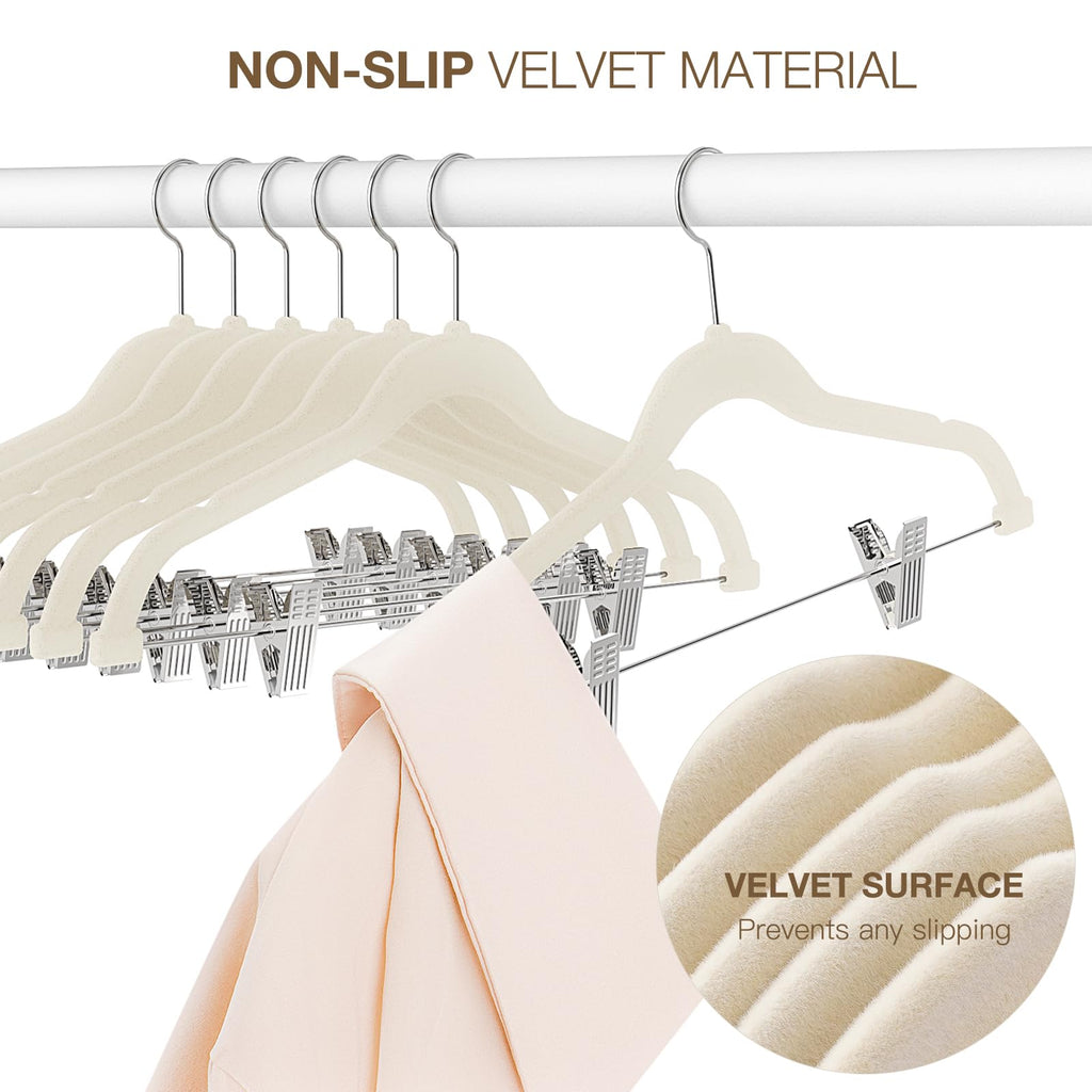 24-Pack Beige Velvet Hangers with Clips Adjustable, Adult Hangers, Outfit Hangers, Heavy-Duty, Non-Slip, Space Saving