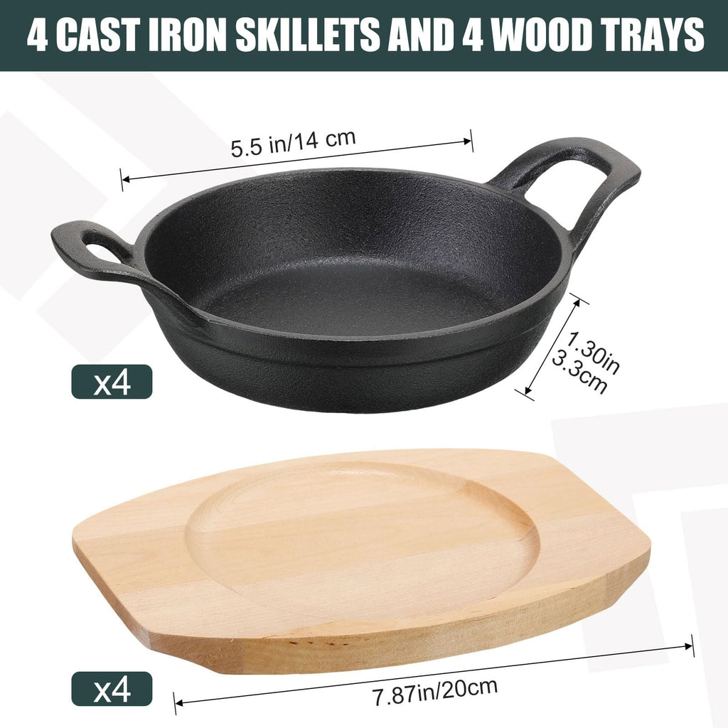 4 Sets Mini Cast Iron Skillet with Wood Base Round, 5.5 Inch
