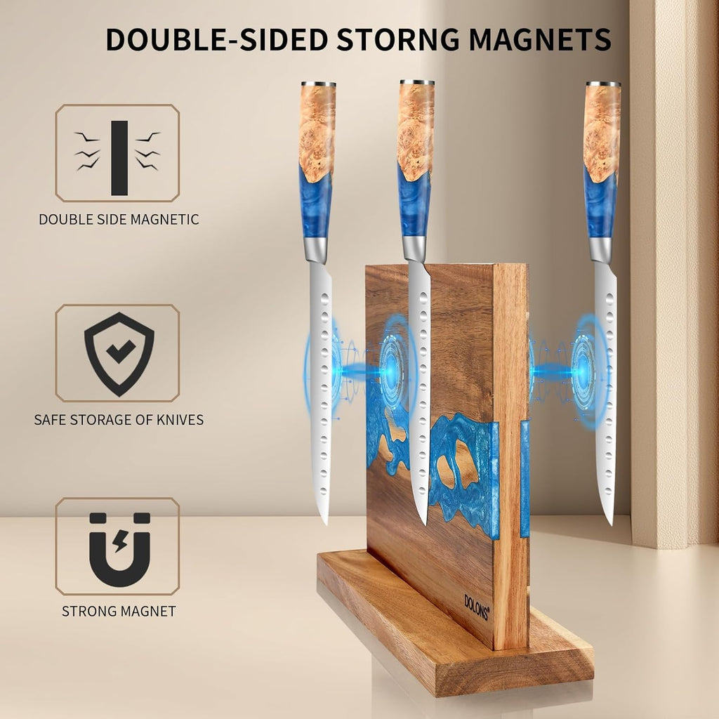 Magnetic Knife Block,Acacia Wood And Res Magnetic Knife Holder,Equipped with strong magnets,Multifunctional Double