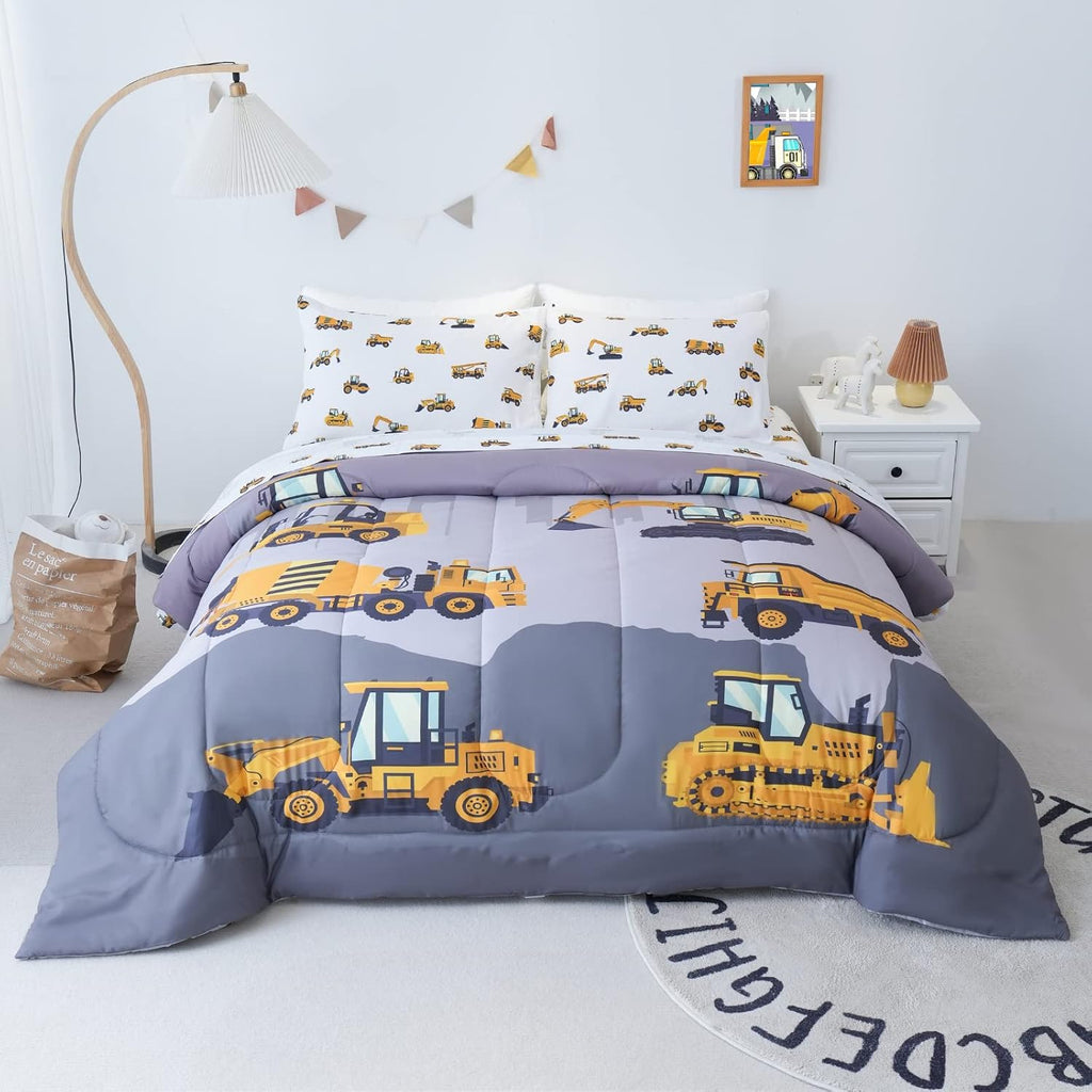 Twin Comforter Set for Boys, 4-Piece Bed in a Bag, 3D Construction Bedding Comforter Sheet Set, Ultra Soft and