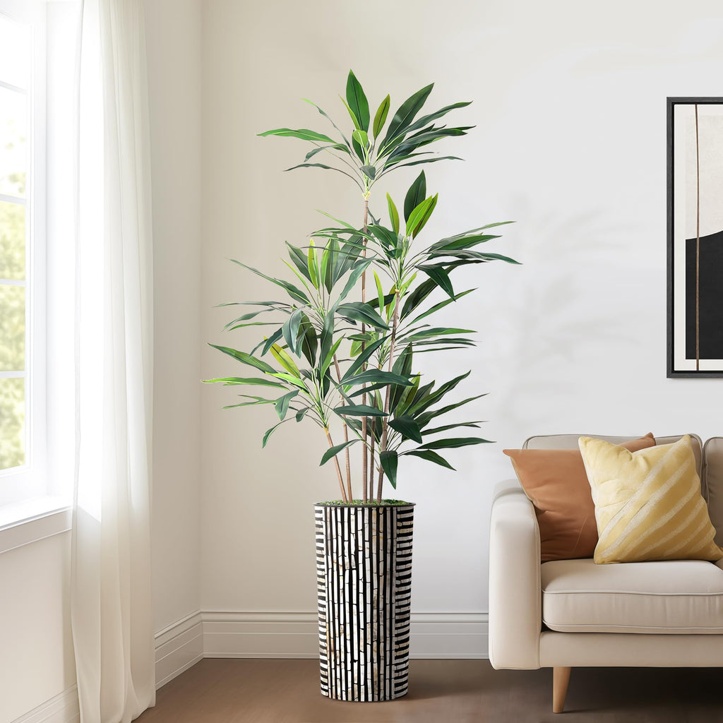 Tree in Black and Brown Striped Planter, Fake Dracaena Tree Silk Tree for Indoor and Outdoor Home Decoration - 66"