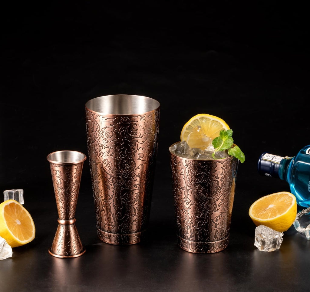 3D Etched 18-Piece Bartender Kit Stainless Steel Boston Cocktail Shaker Set Copper Plated Bartending Tools Suit - Set of 18