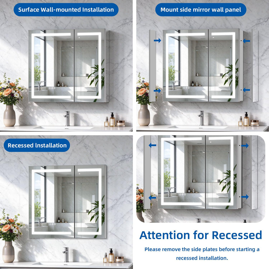 LED Bathroom Medicine Cabinet Mirror with Lights, 30'' x 26'' Aluminum Frame with Sockets & USBs, Anti-Fog Dimmable