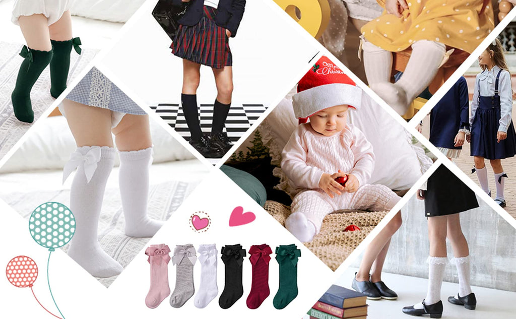 Girls Bow Knee High Socks 06Pcs Black&White&Grey&Pink&Red&Dark Green