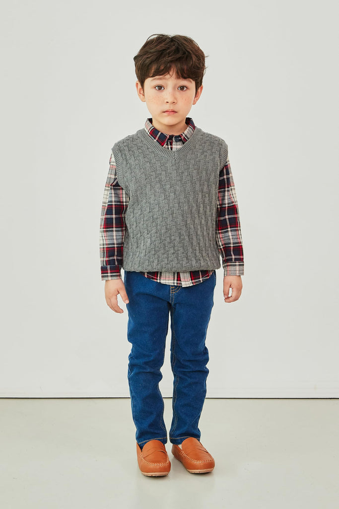 Kids Toddlers Unisex Classic Checkered Pattern Lightweight V-Neck Wool Blend Knit Vest for Boys & Girls