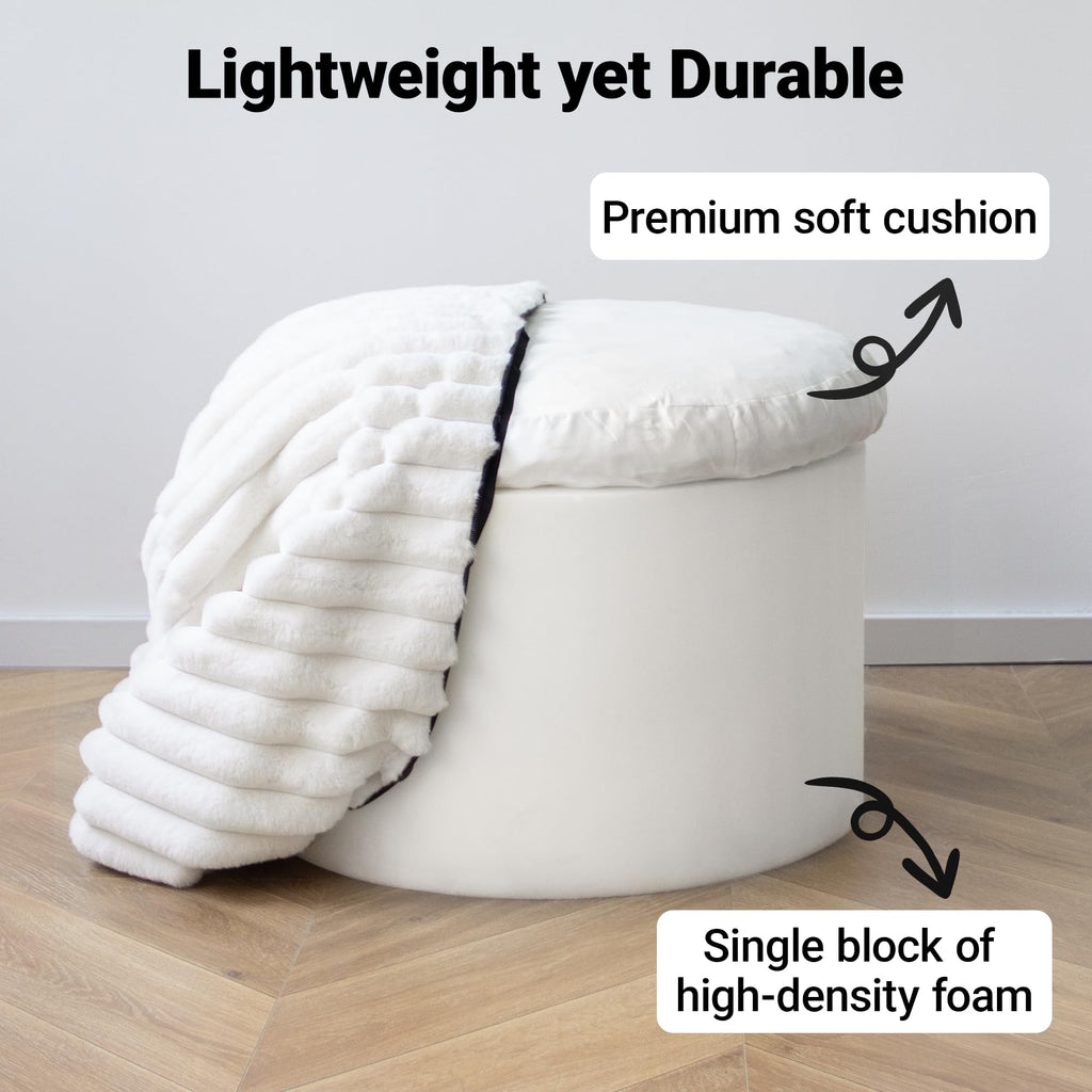 Round Stuffed Pouf Ottoman, Stripe Faux Fur Footrest, Solid Block Support+Soft Cushion Comfort, Removable Washable