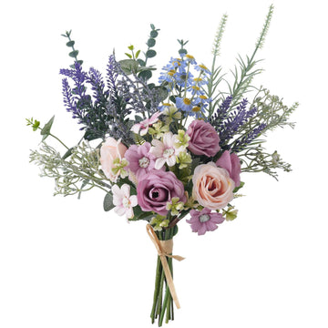 15 Inch Artificial Silk Flowers Bouquet with Roses, Eucalyptus, Baby's Breath, Daisies, Lavender, Sage & Chamomile