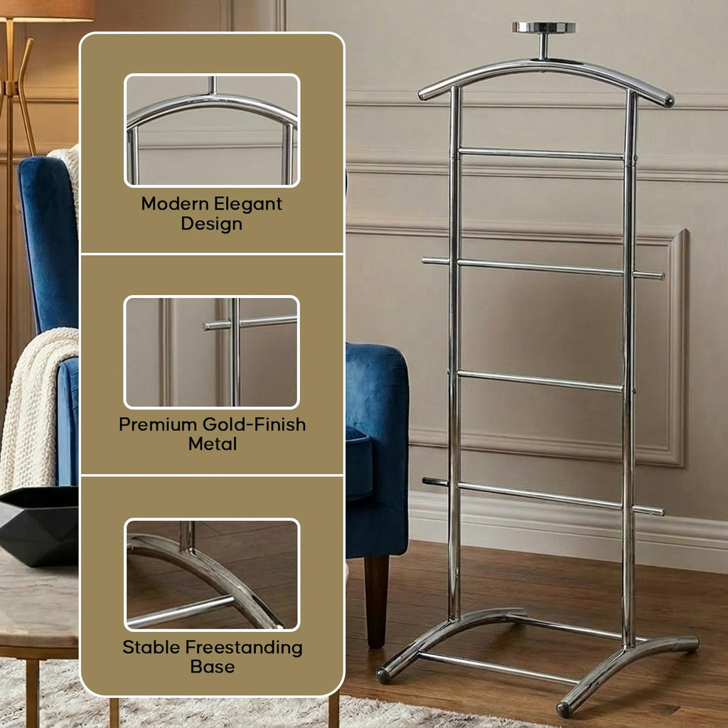 Freestanding Metal Suit Valet Stand with Tie Bar, Chrome