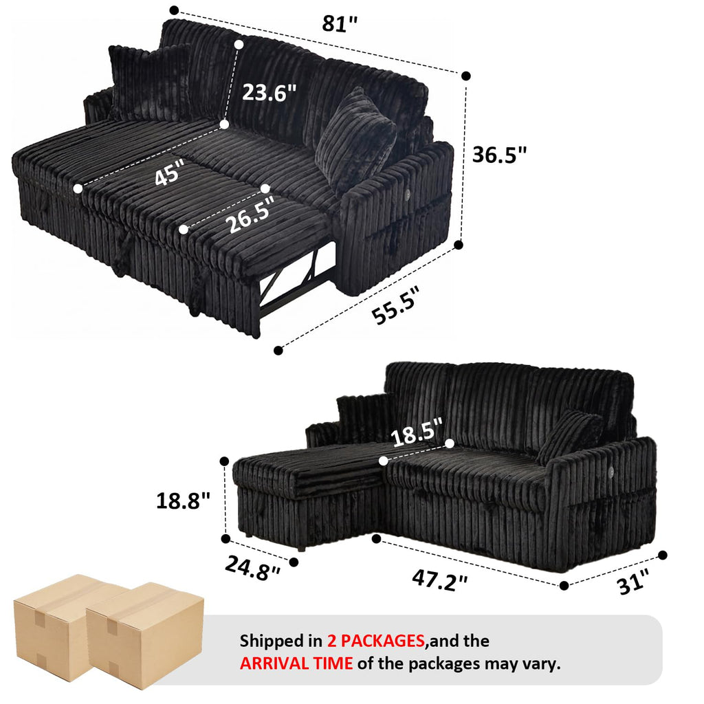 81" Sectional Sleeper Sofa Bed with Storage Chaise & USB Charging, Plush Corduroy L-Shaped Pull Out Couch Bed