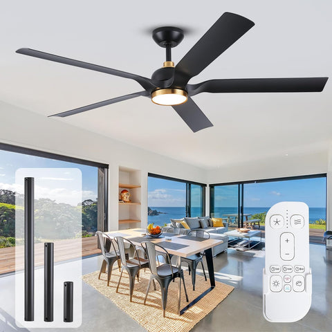 60 Inch Outdoor Ceiling Fan for Patios with Light, Black Gold Ceiling Fan with Long Downrods and Remote Control