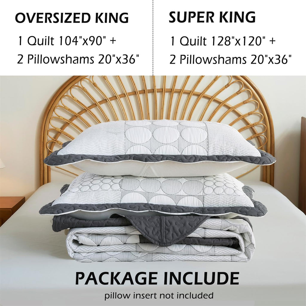 Quilt Set Dark Grey-128x120 Bedspread with 2 Pillow Shams-Exquisite Plaid Embroidery