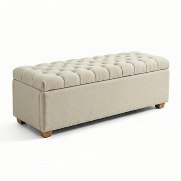 Modern Large Storage Bench Ottoman, Beige Chenille, 60 in | Oversized Long Seating, End of Foot of Bed Footstool