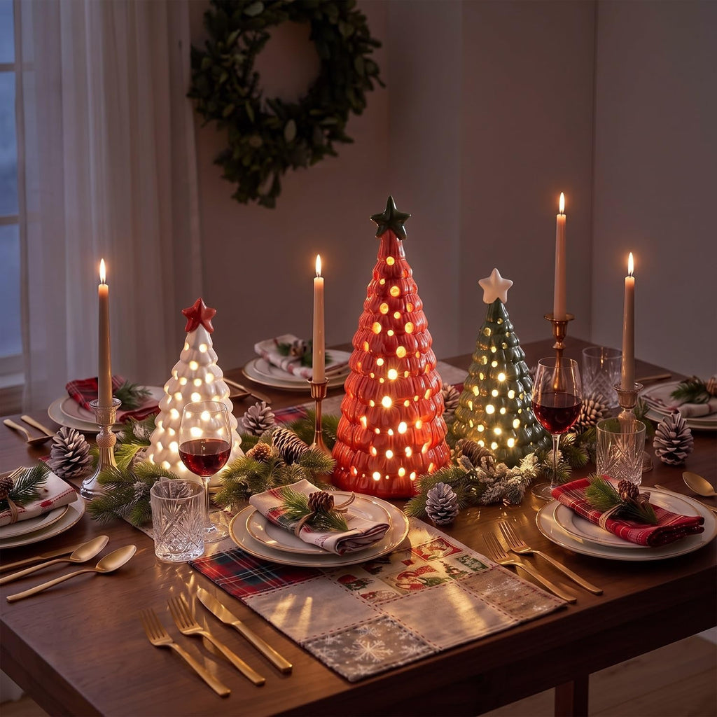 3 Pcs Mini Lighted Ceramic Christmas Tree Figurines, Red White Green