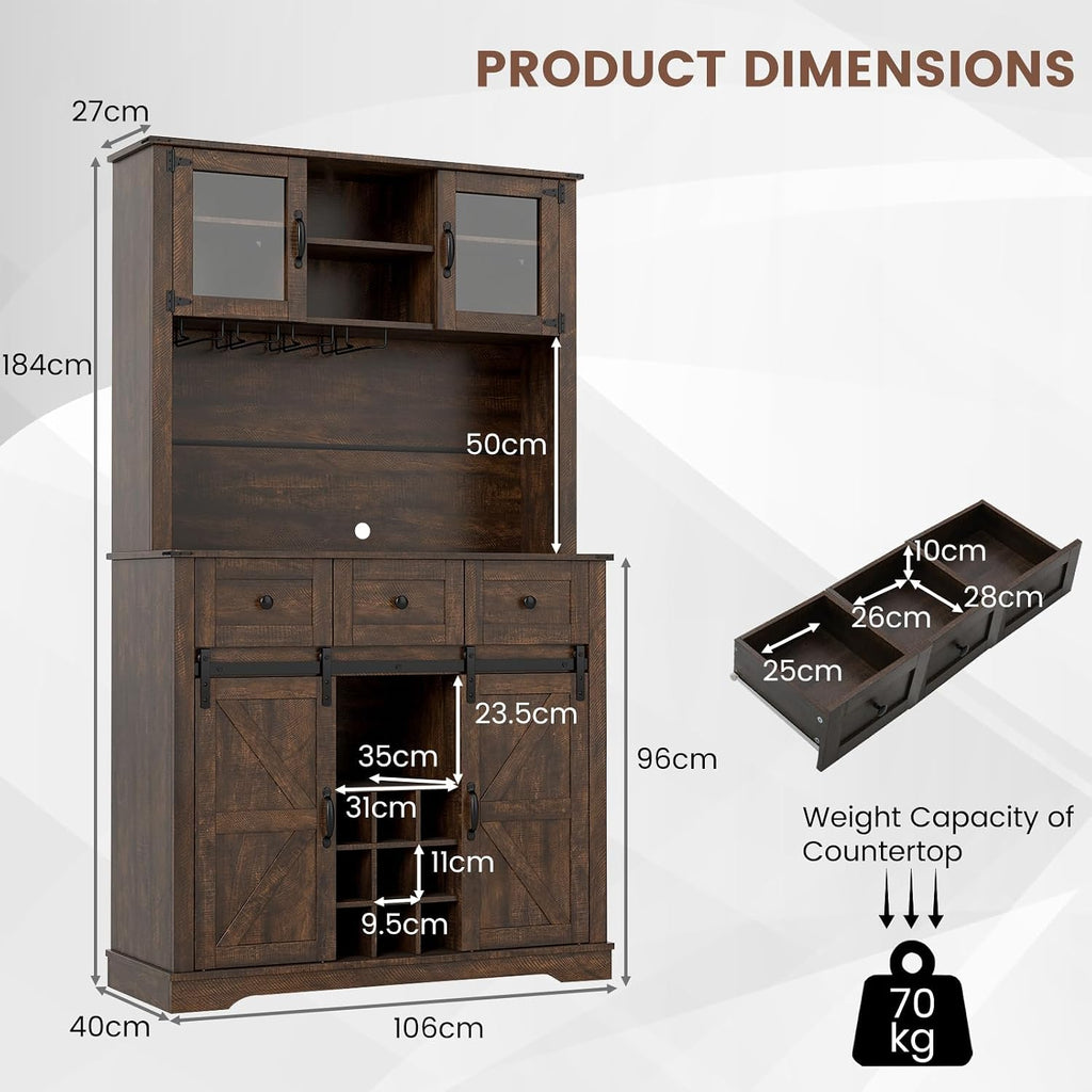 Farmhouse Coffee Bar Cabinet with Storage, Kitchen Buffet Hutch with Wine Rack & Sliding Barn Doors & Glass Doors