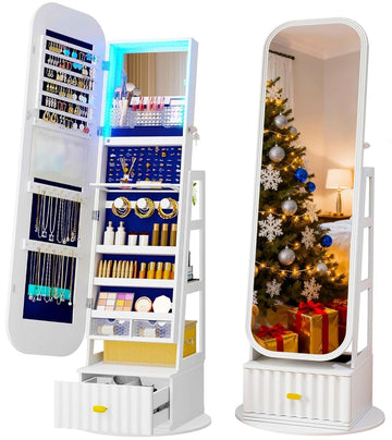 LED Mirror Jewelry Cabinet Standing, Jewelry Armoire Organizer with Full Length Mirror, 360°Swivel Mirror with