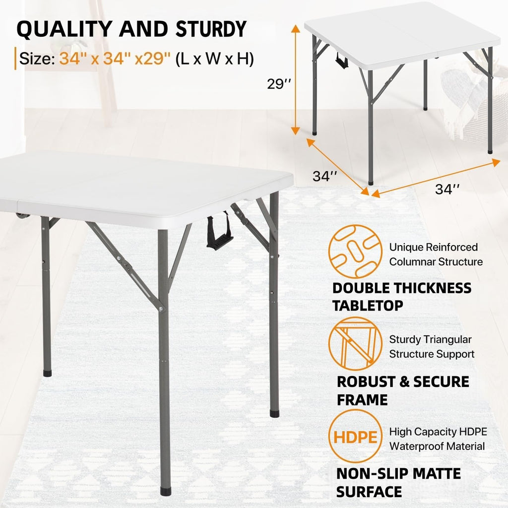 34" Square Folding Card Table Fold-in-Half Utility Dining Portable Table Heavy Duty HDPE with Carrying Handle