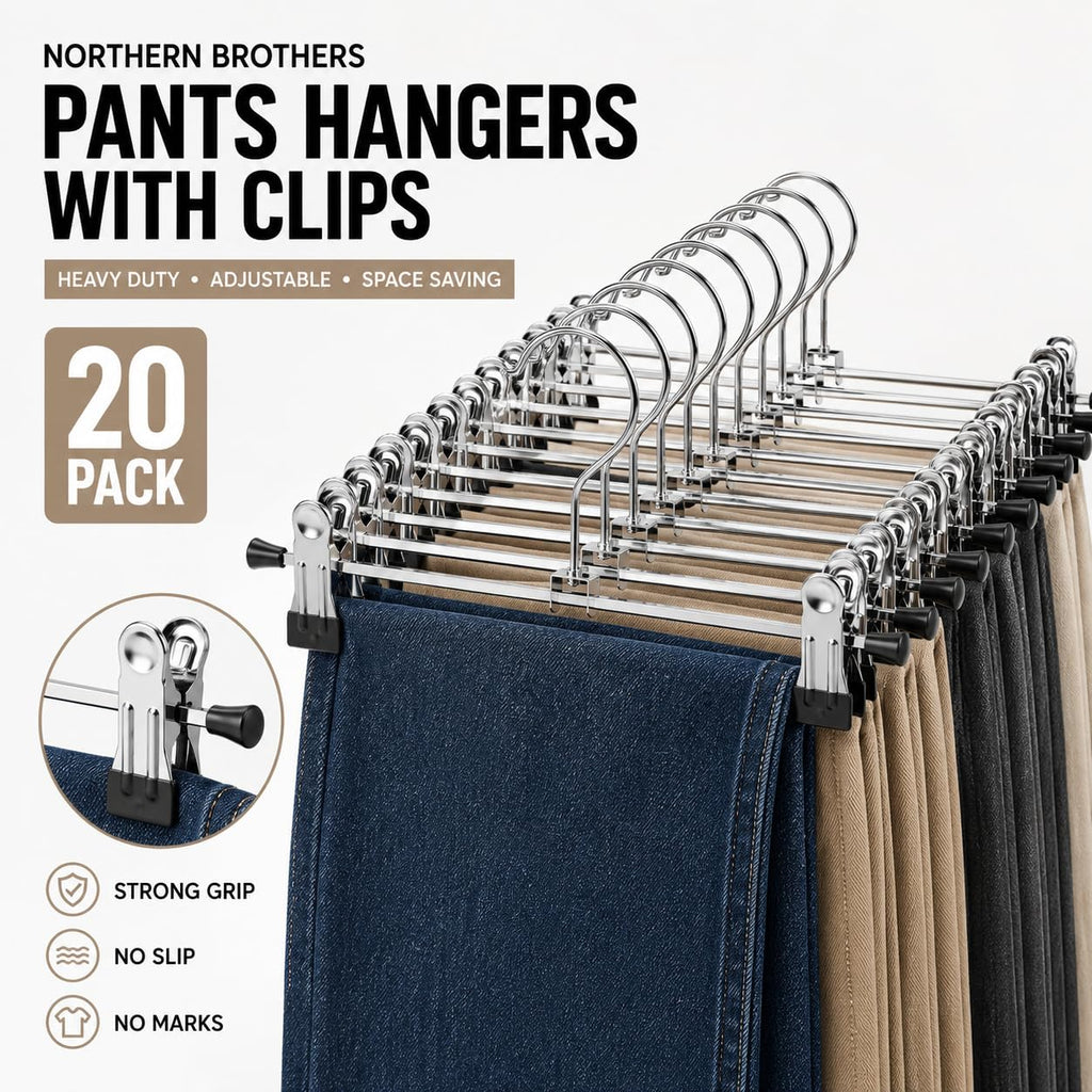 Pants Hangers with Clips, Heavy Duty 20 Pack, Adjustable Metal Skirt Hanger for Women Men Jeans Shorts Trousers