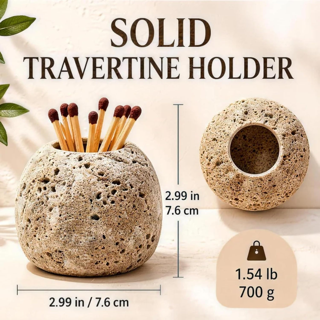 Match Holder, Matches Holder, Travertine Stone Striker Jar, Decorative Fireplace & Home Decor Accessory