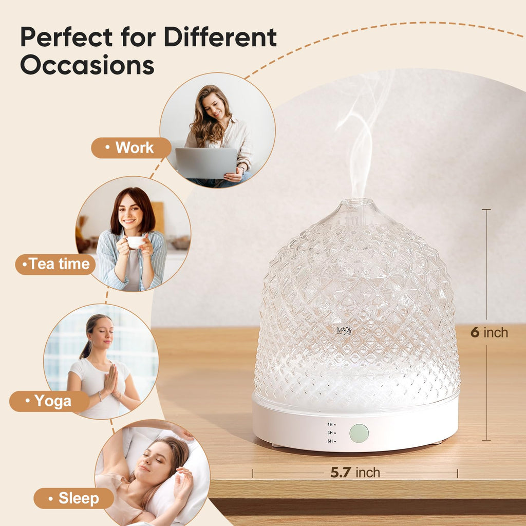 Glass Essential Oil Diffuser, 200ml Ultrasonic Aroma Diffusers with Glass Reservoir Dome & White Plastic Base Lock