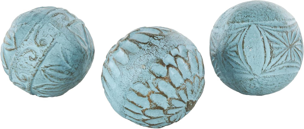 Paper Mache Handmade Intricately Carved Decorative Ball Orbs & Vase Filler with Various Floral Patterns 4" - Set of 3