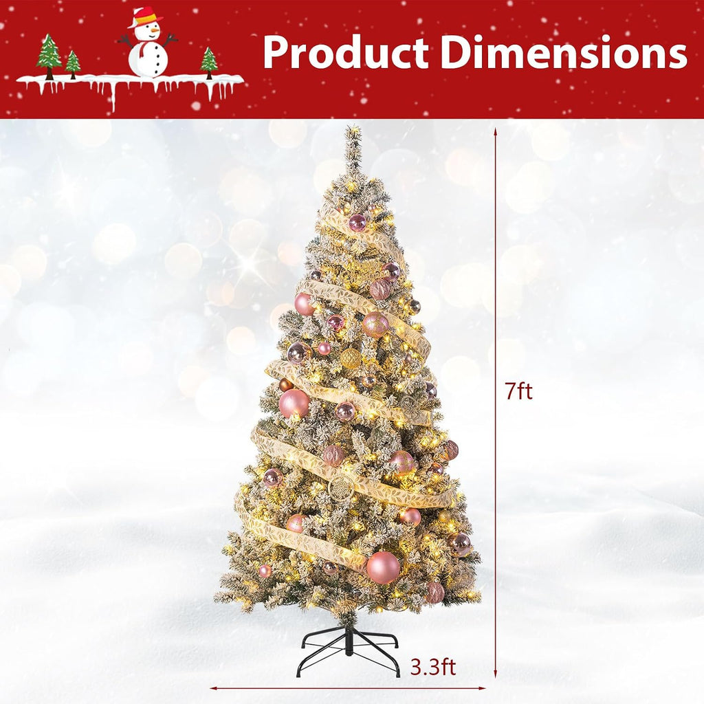 7FT Pre-Lit Artificial Christmas Tree, Hinged Snow Flocked Xmas Tree with 1200 Realistic Branch Tips, Premium Metal