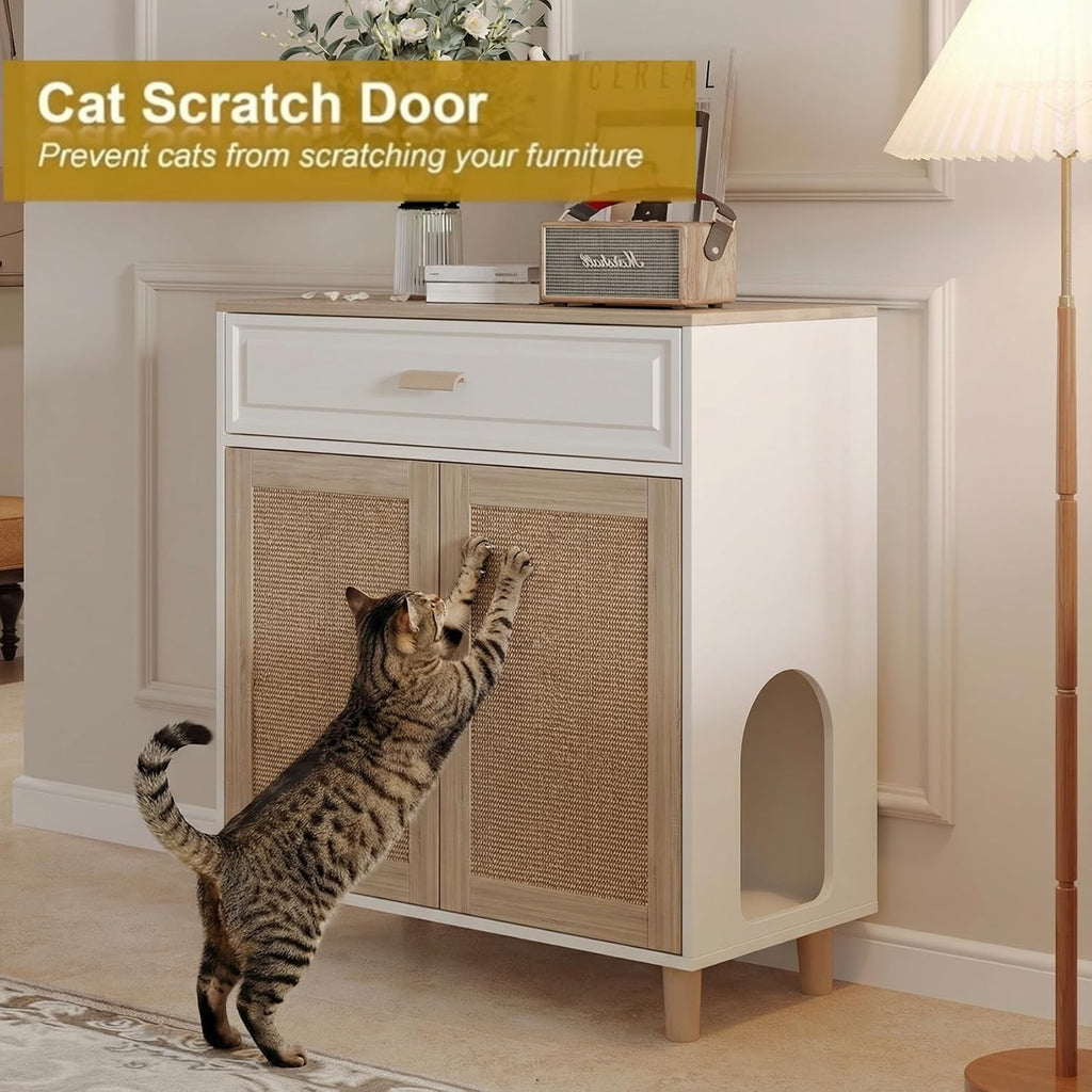 Cat Litter Box Enclosure Furniture Hidden Indoor 2-in-1 Wooden Cat House & Washroom Cabinet with Scratching Board